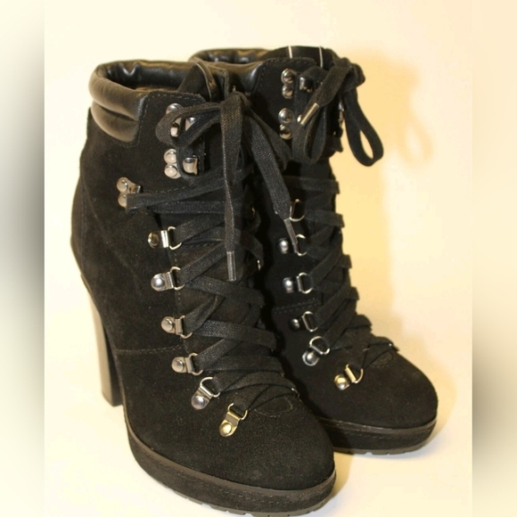 Coach Carol 7.5 Suede Lace Up High Heeled Lugg Soles Moto Ankle Boots - Picture 2 of 11